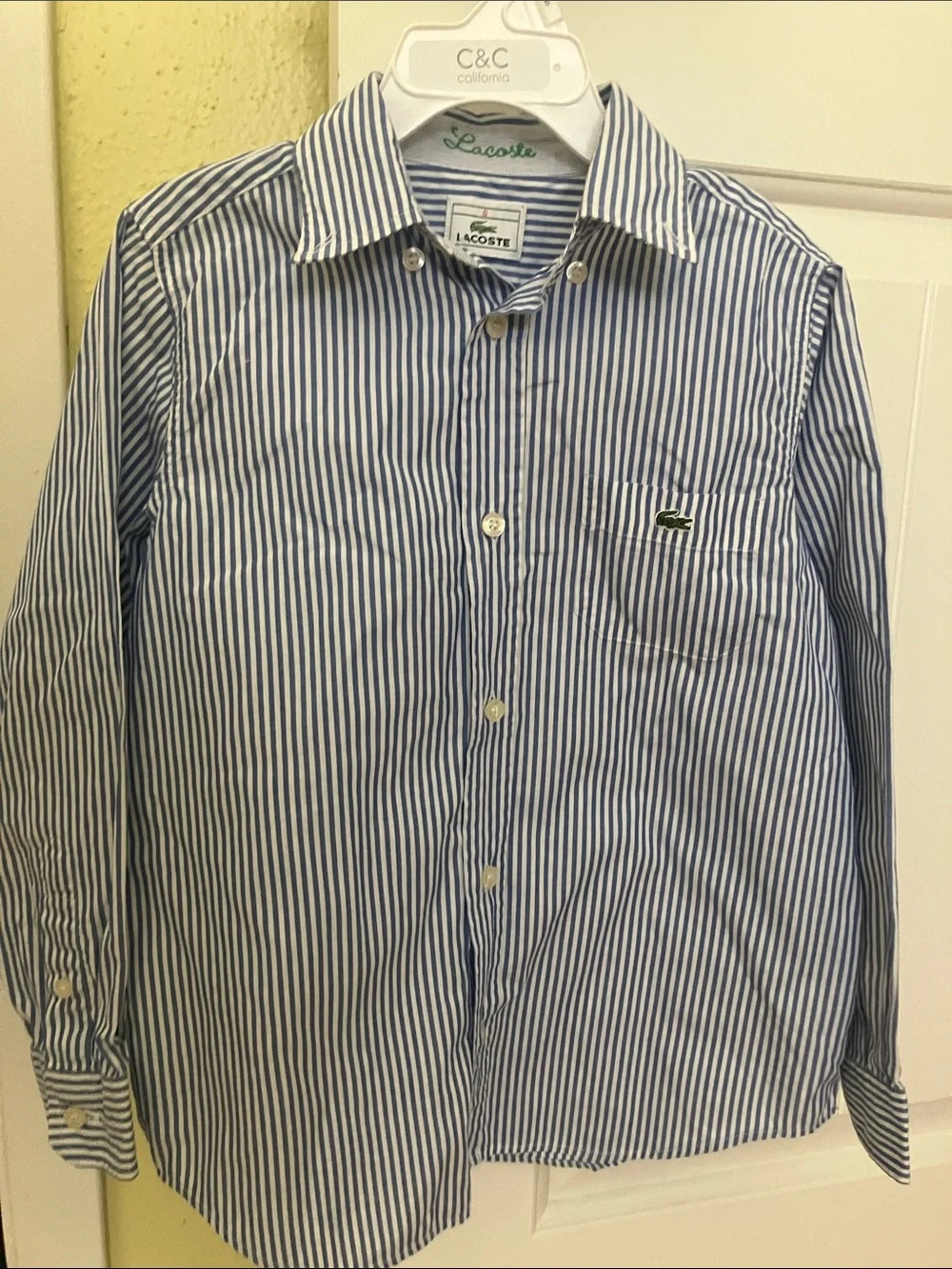 Lacoste Blue and White Vertical Stripe Button-Up Shirt